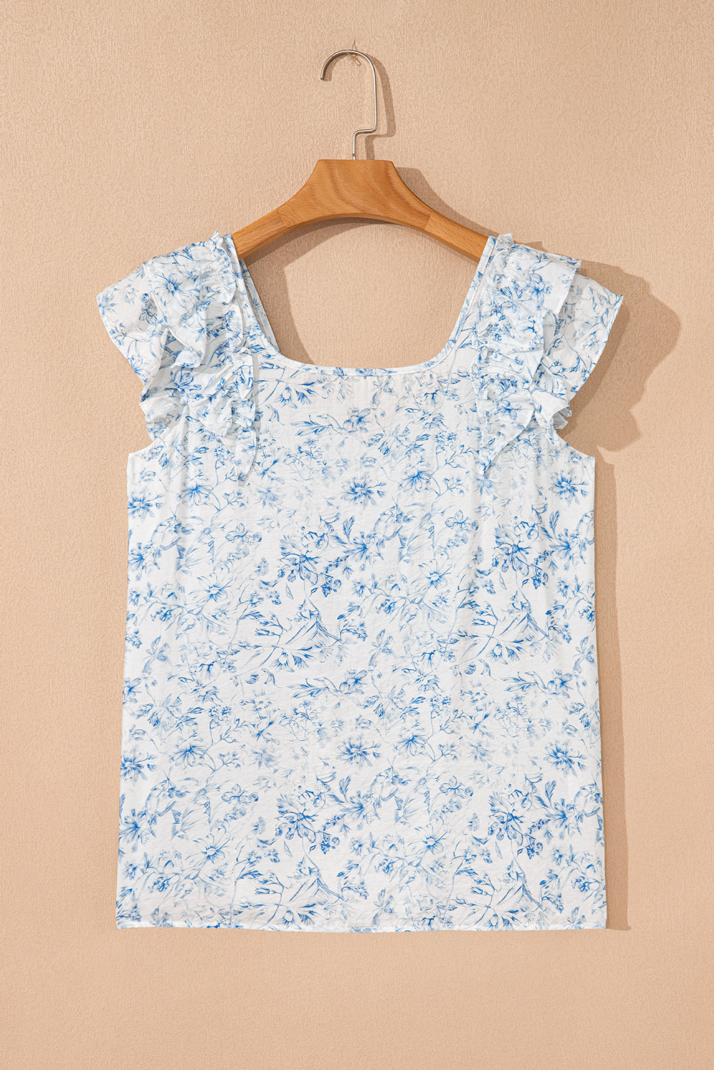 Sky Blue Floral Ruffled Short Sleeve Bow Back Square Neck Blouse