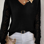 Black Solid V Neck Pointelle Knit Sleeve Patchwork Sweater