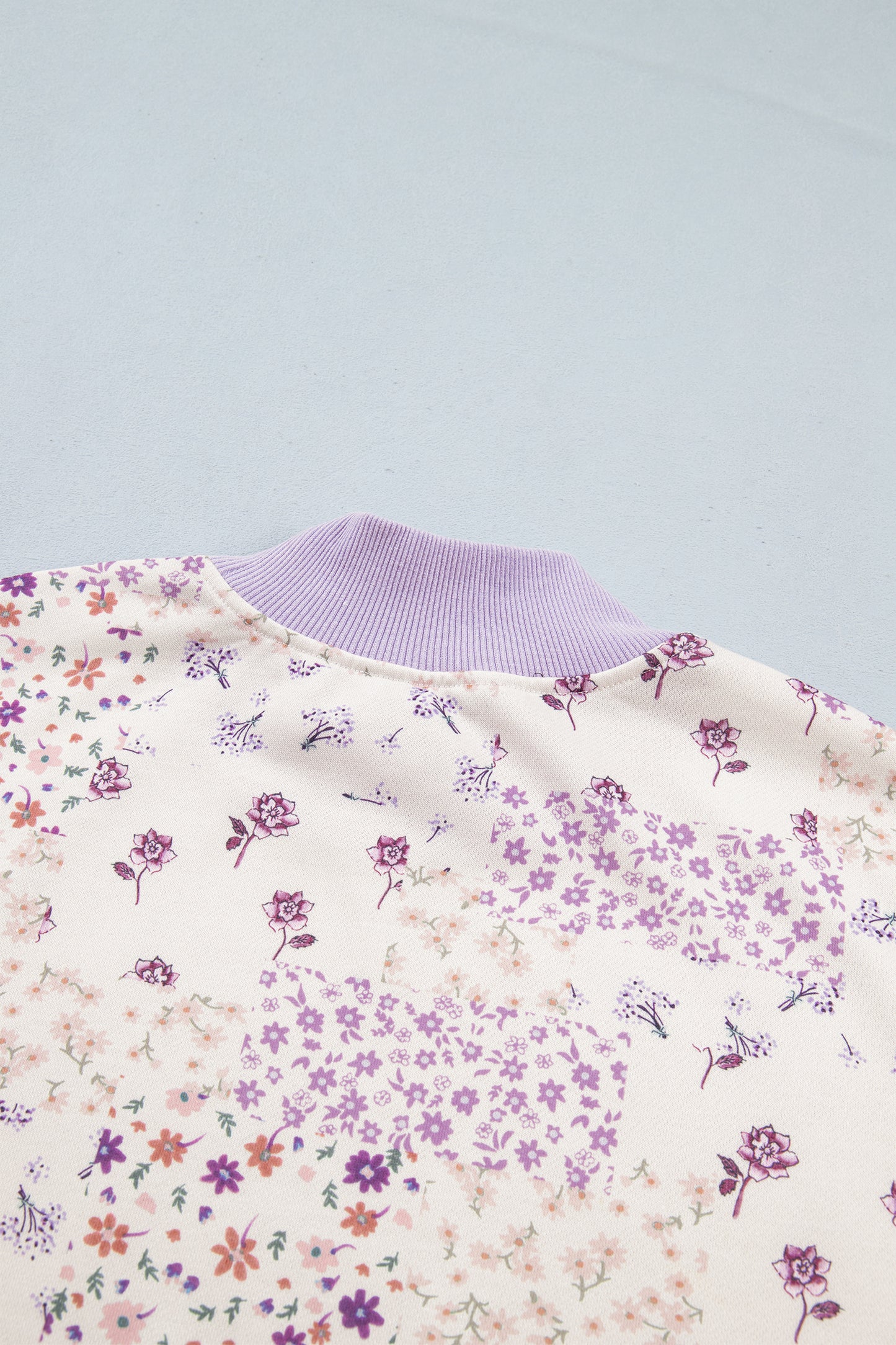 Purple Floral Print High Neck Colorblock Sleeve Paneling Sweatshirt