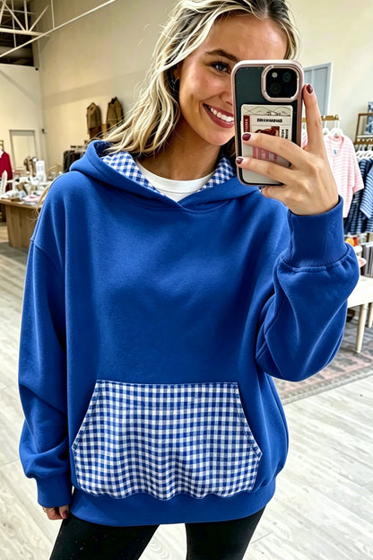 Sky Blue Plaid Patchwork Front Pocket Casual Hoodie