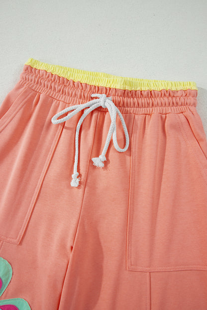 Grapefruit Orange Color Block Flower Patchwork Drawstring Contrasted Elastic Waist Wide Leg Pants