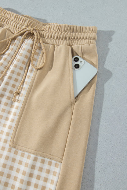 Khaki Color Block Plaid Patchwork Long Sleeve Pullover Wide Leg Pant Set