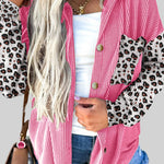 Rose Red Leopard Patched Twisted Ribbed Western Casual Shacket