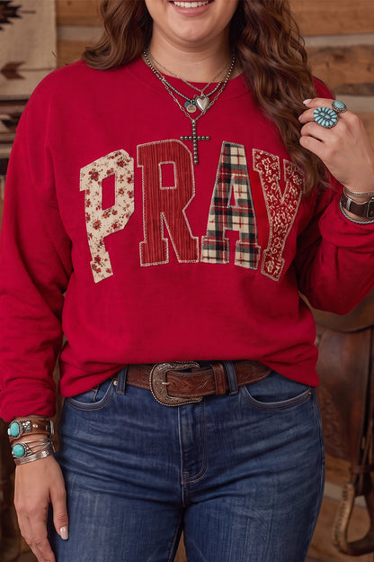Fiery Red PRAY Letter Patchwork Round Neck Long Sleeve Plus Size Sweatshirt