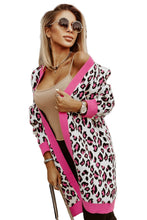 Leopard Ribbed Trim Knitted Open Front Long Cardigan