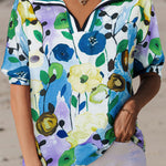 Light Blue Floral Print Slit V Neck Short Sleeve Blouse