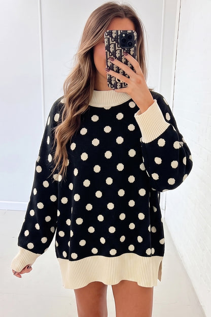 Black Polka Dot Pattern Ribbed Colorblock Trim Split Tunic Sweater