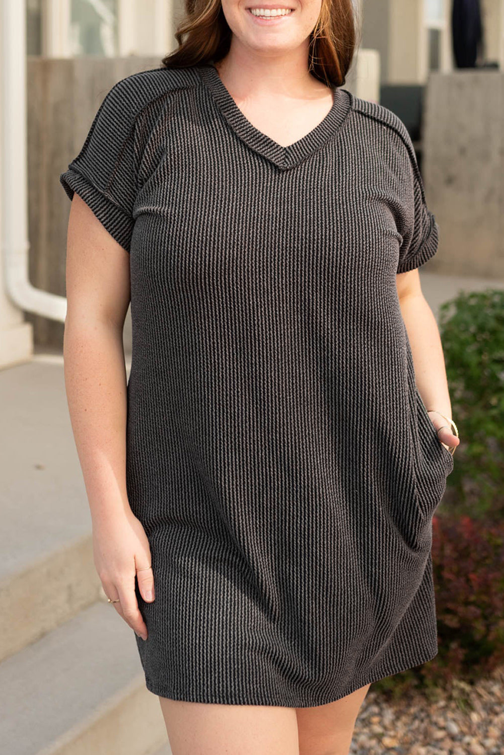 t shirt dress with pockets plus size Carbon Grey Corded V Neck Mini Dresses Bodycon LAVISH ALICE ONE SHOULDER it can be your Color:Marcia Rose