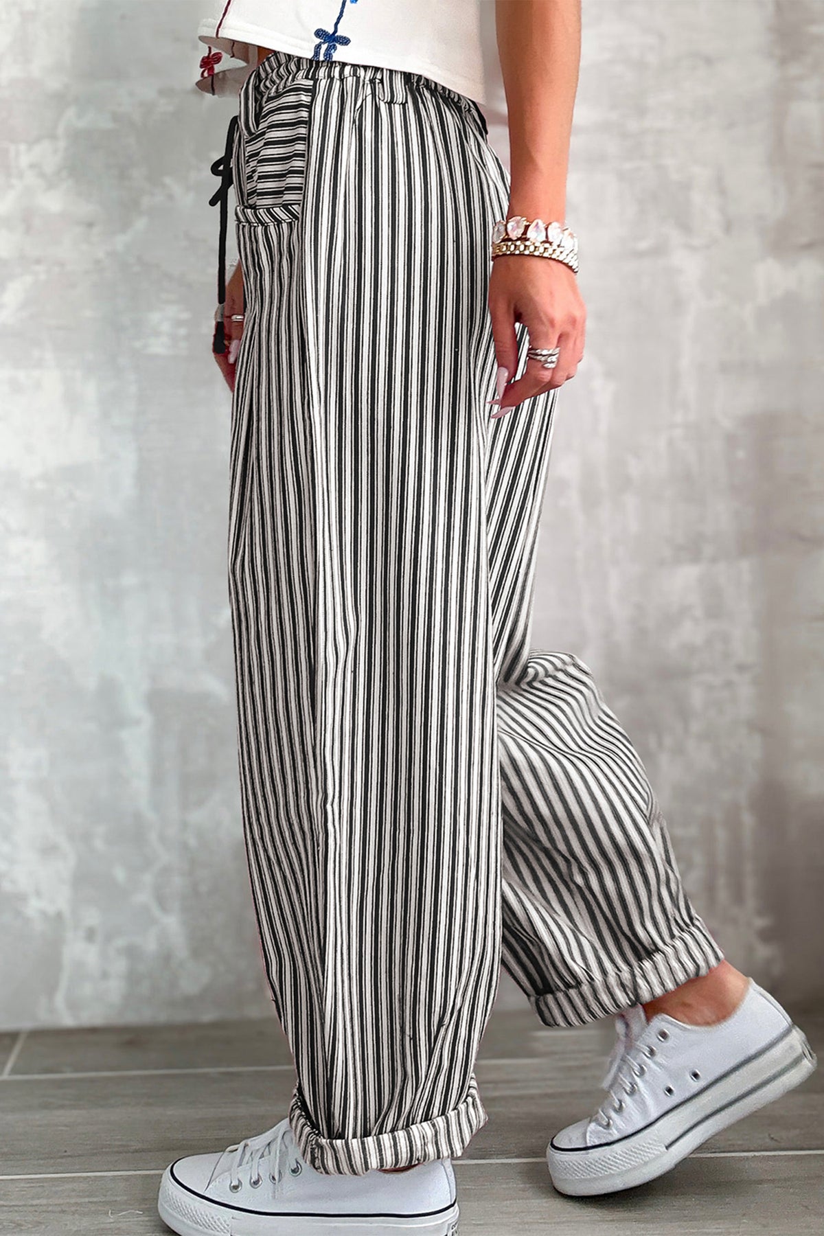 Black Stripe Drawstring Casual Loose Pants