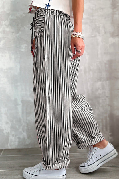 Black Stripe Drawstring Casual Loose Pants