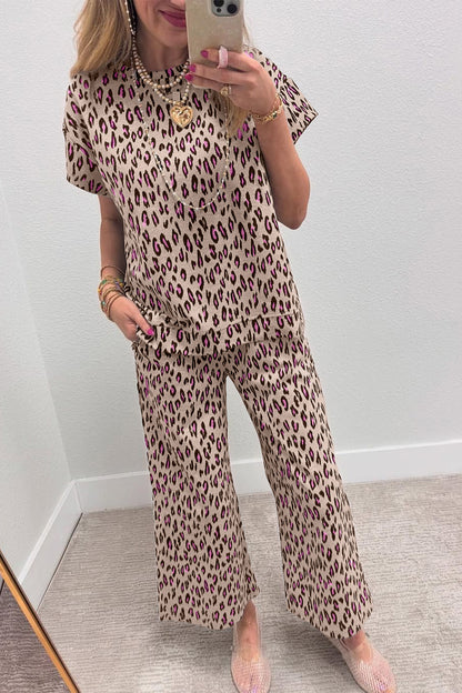 Pink Leopard Print Casual Tee and Pants 2pcs Outfit