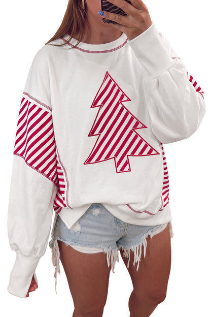 White Striped Contrast Christmas Tree Patchwork Puff Sleeve Top