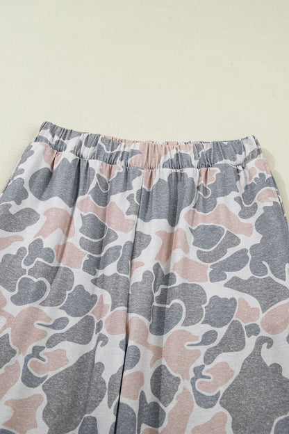 Multicolour Camouflage Short Sleeve Top and High Waist Wide Leg Pants Set