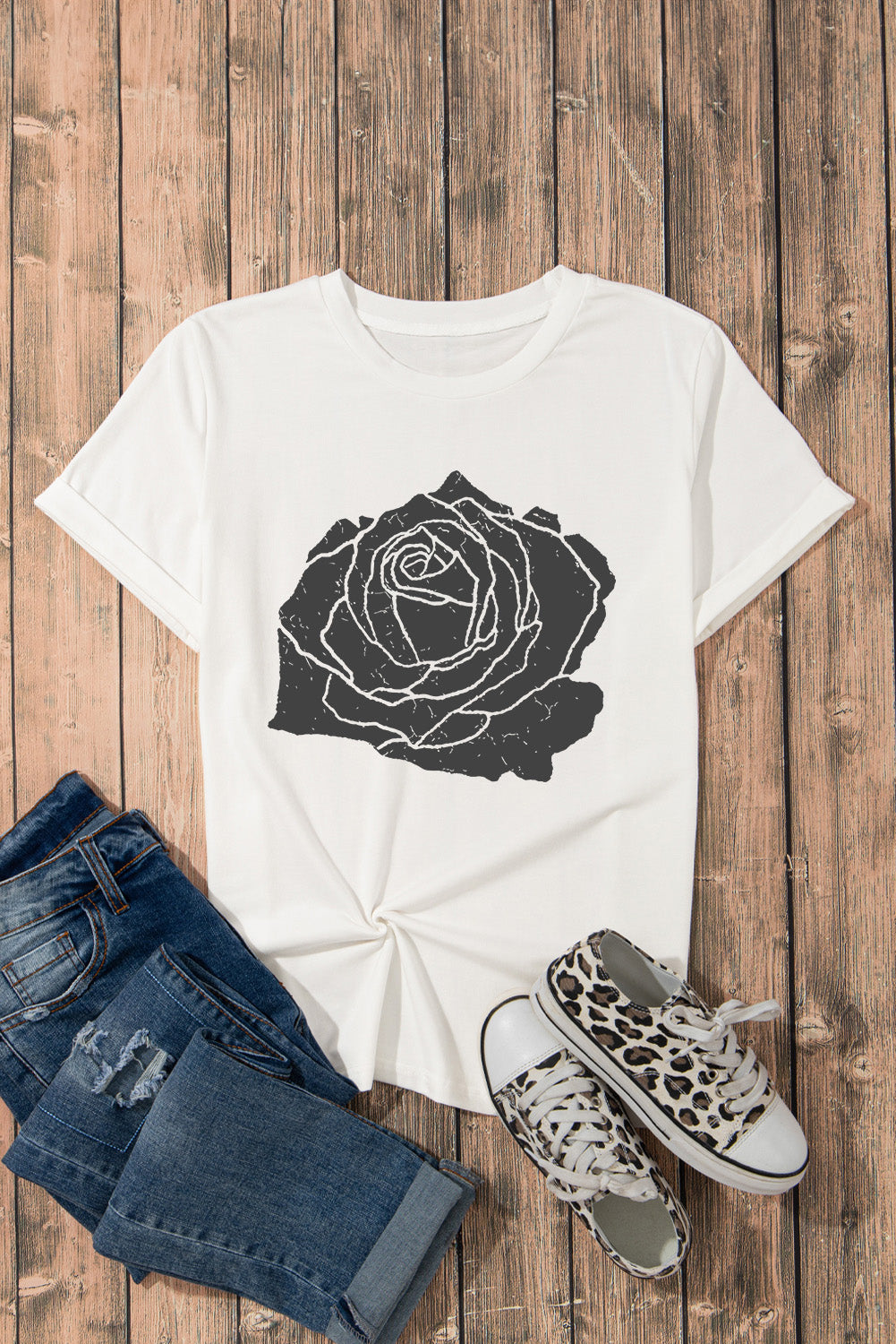 T-shirt col rond blanc à imprimé grandes roses