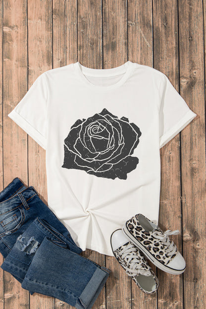 T-shirt col rond blanc à imprimé grandes roses