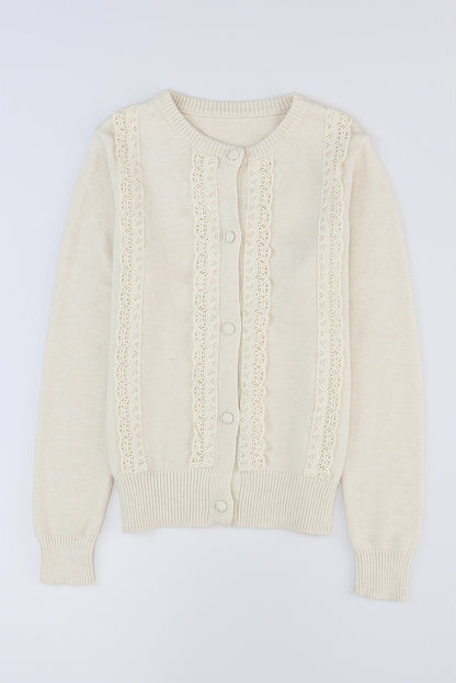 Cárdigan con botones y cuello redondo de canalé con ribete de encaje verde