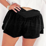 Black Crossed Waist Tiered Flowy Shorts