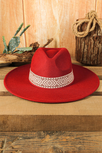 Sombrero Fedora plano retro con bordado azteca marrón
