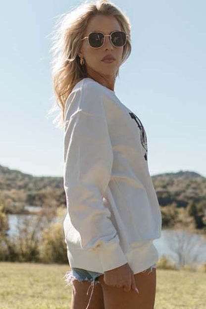 Sweat-shirt côtelé blanc à motif tête de mort WILD WEST