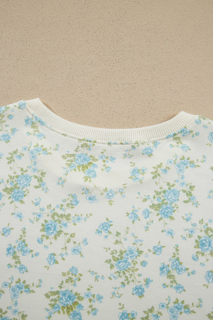 Pink Floral Print Short Sleeve Elastic Waist Pocket Two Piece Set