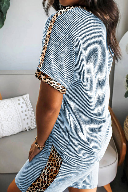 Light Grey Leopard Trim Twist Ribbed Short Set