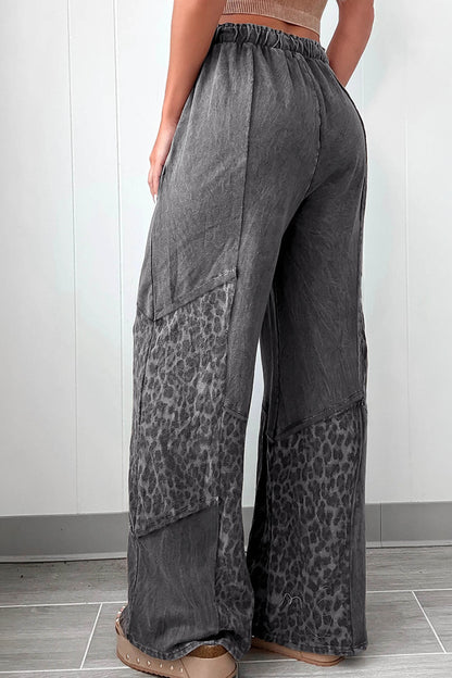 Dark Grey Mineral Wash Leopard Patchwork Loose Pants
