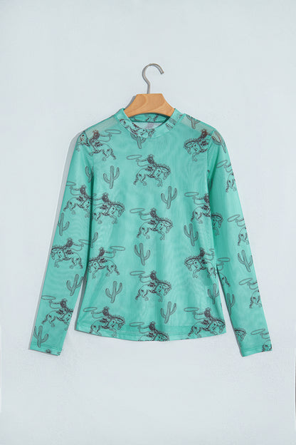 Aruba Blue Western Print High Neck Long Sleeve Sheath Mesh Top