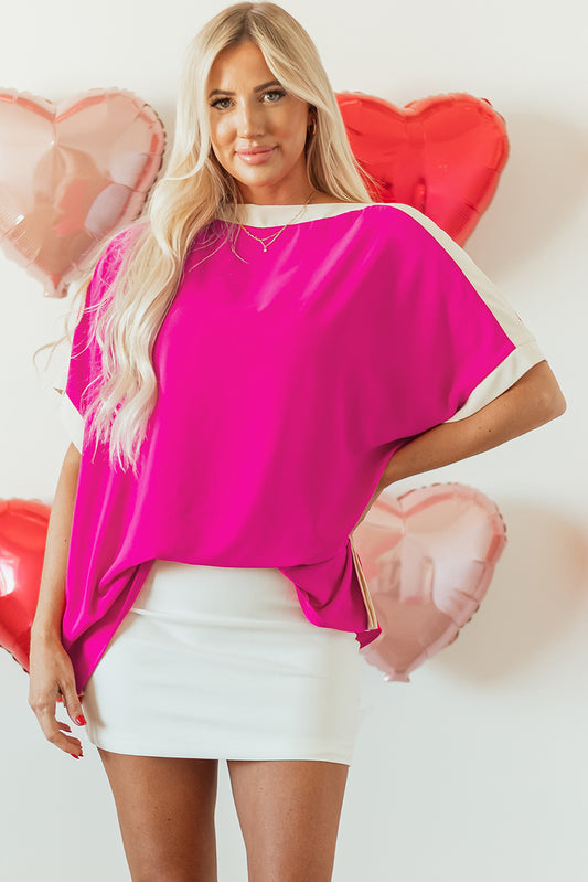 Chemisier tunique surdimensionné à col bateau et blocs de couleurs rouge rose