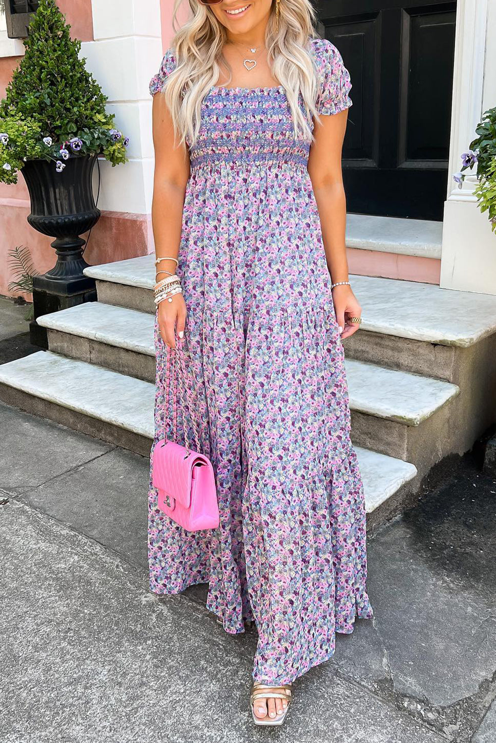high waist maxi dress Purple Floral Short Bubble Sleeve Shirred High Waist Maxi Dress