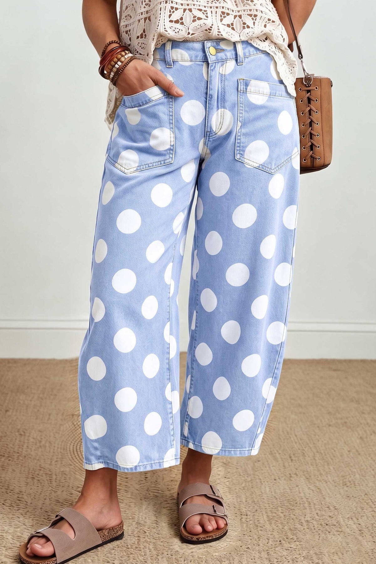 Sky Blue Polka Dot Ankle-Length Barrel Jeans