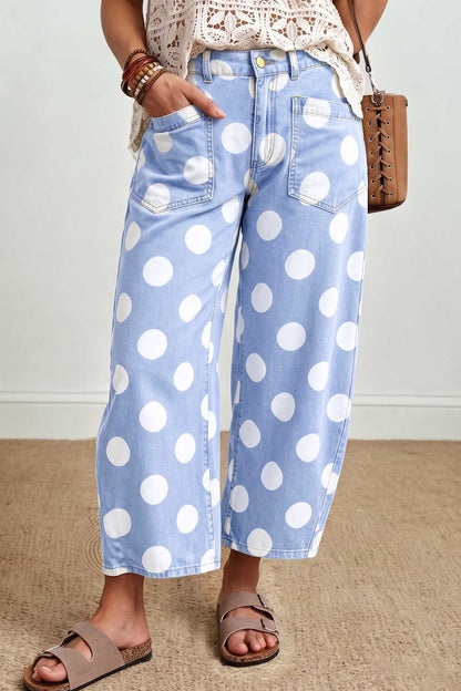 Sky Blue Polka Dot Ankle-Length Barrel Jeans
