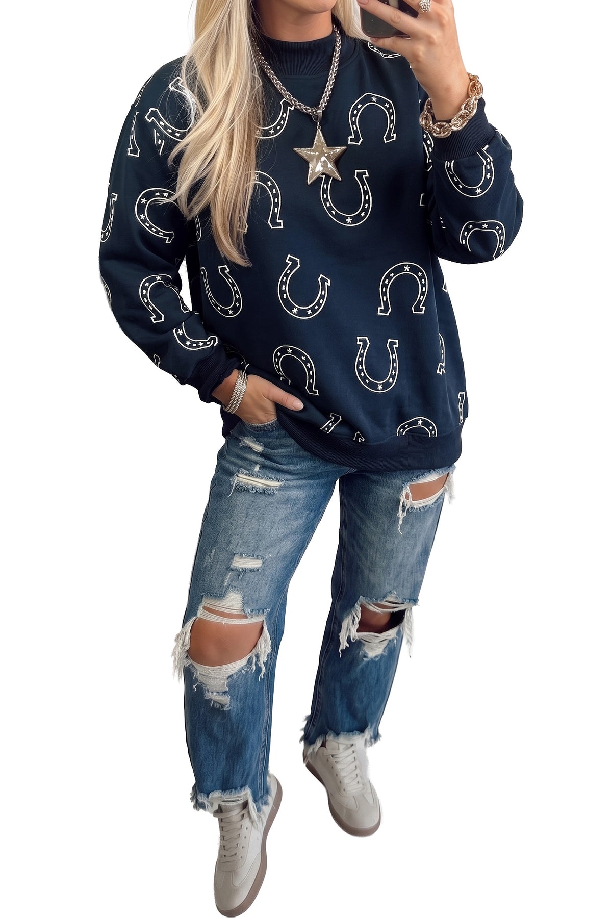 Blue Western Horseshoe Print Mock Neck Casual Pullover Sweatshirt