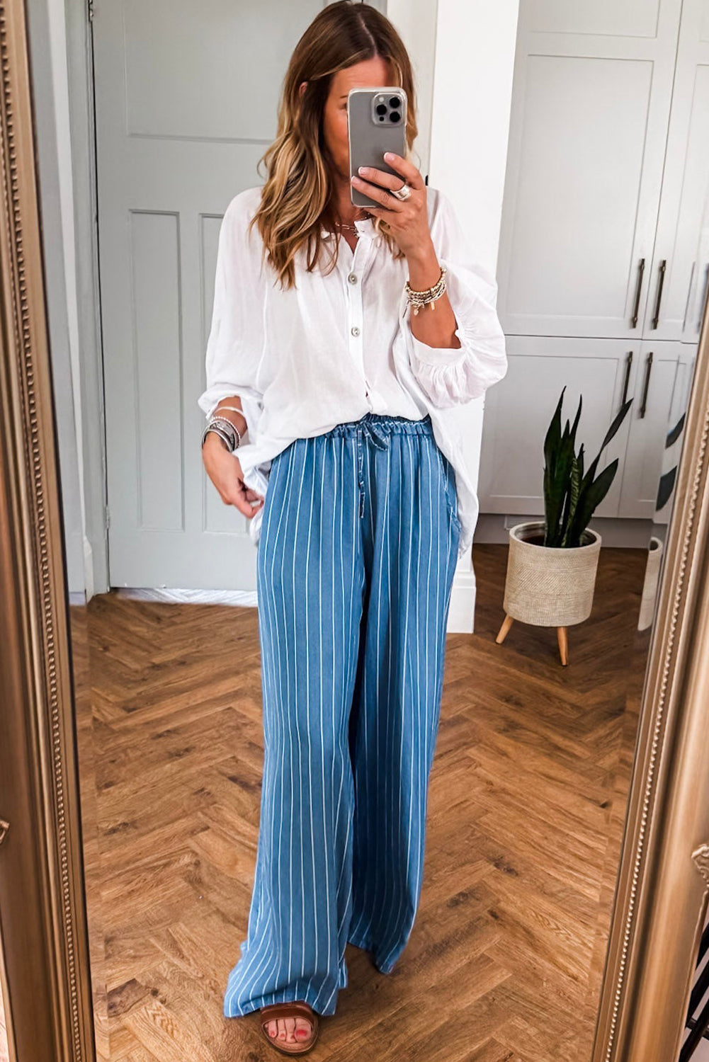 Blue Stripe Chambray Wide Leg Tied Elastic Waist Trousers