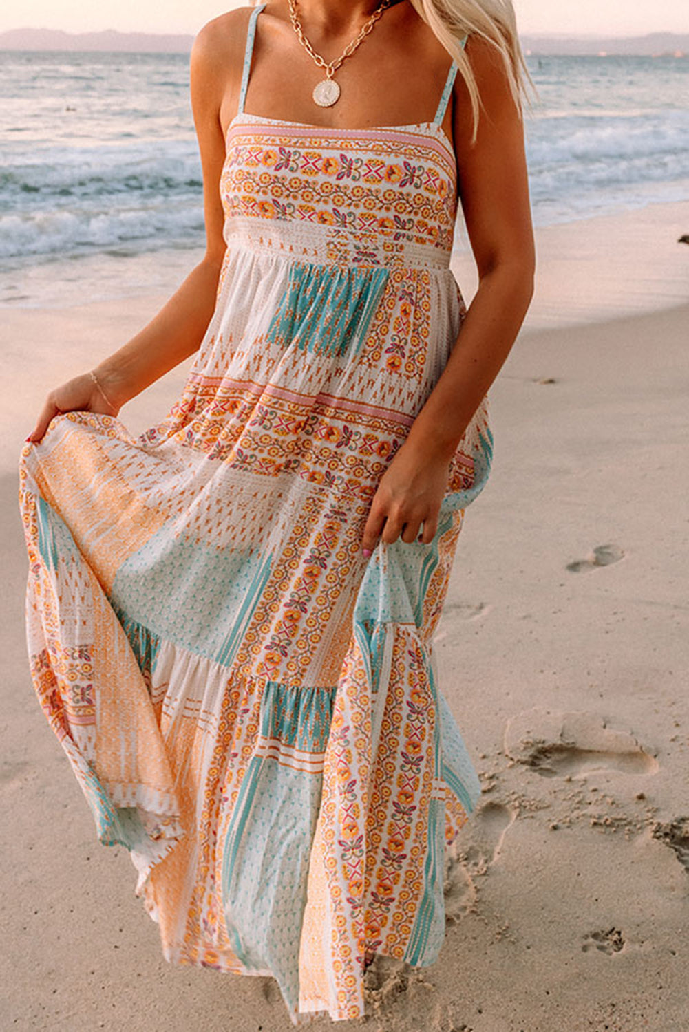 Multicolor Boho Patchwork Print Square Neck Sundress Multicolor / XL / 100%Polyester