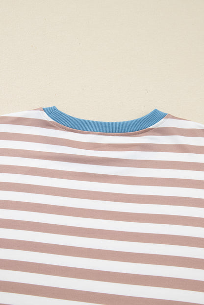 Khaki Stripe Contrast Edge Drop Shoulder Pullover and Shorts Plus Size Set