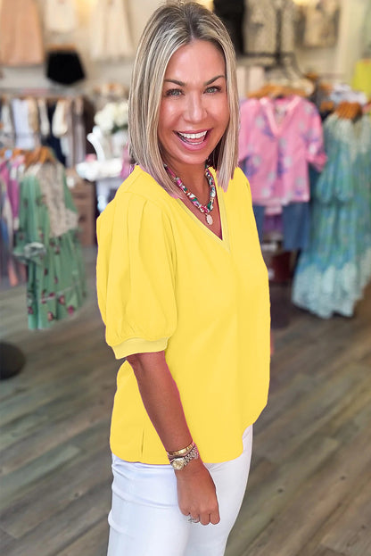 Turquoise Solid Color V Neck Short Puff Sleeve Blouse