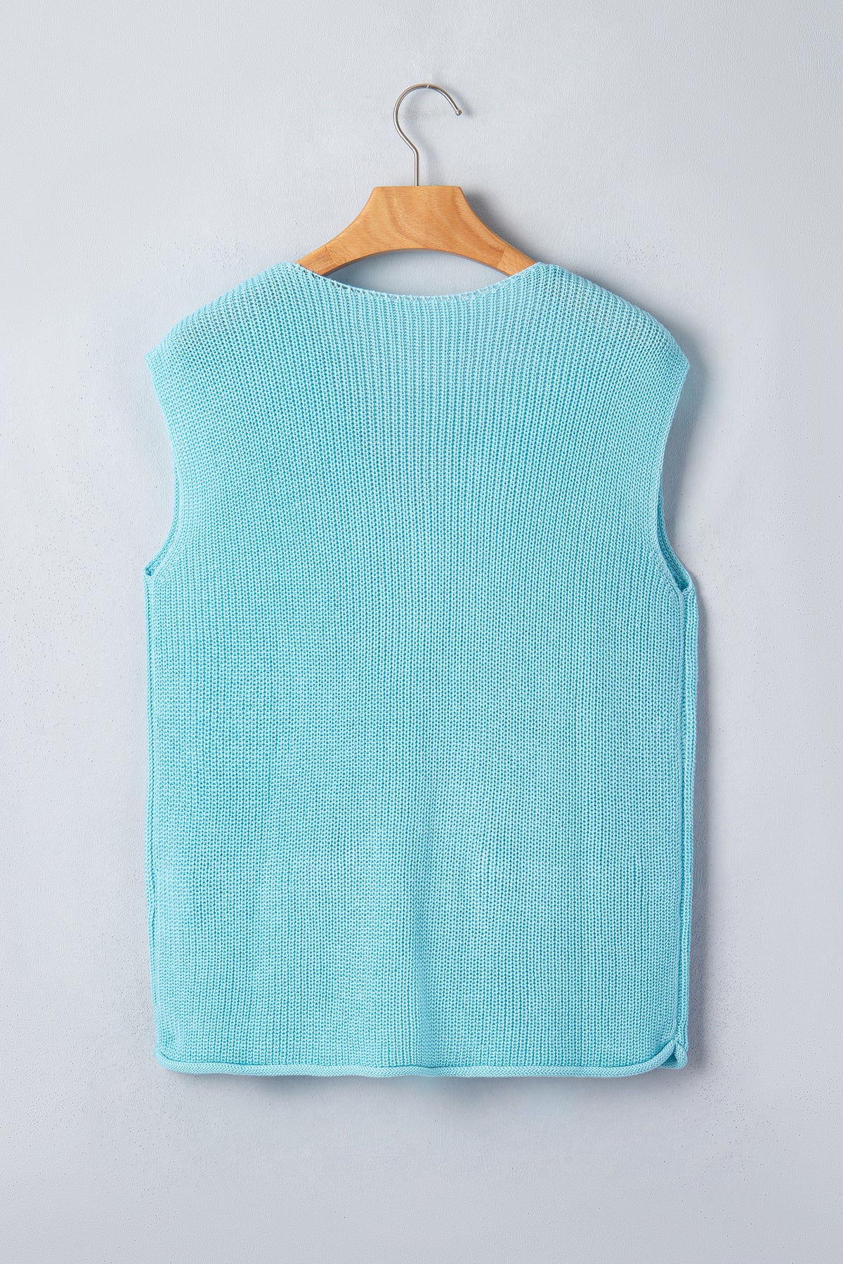 Mist Blue Solid Color Knit V Neck Button Front Sweater Vest