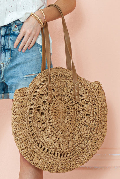 Sac à bandoulière rond en paille bohème camel tressée