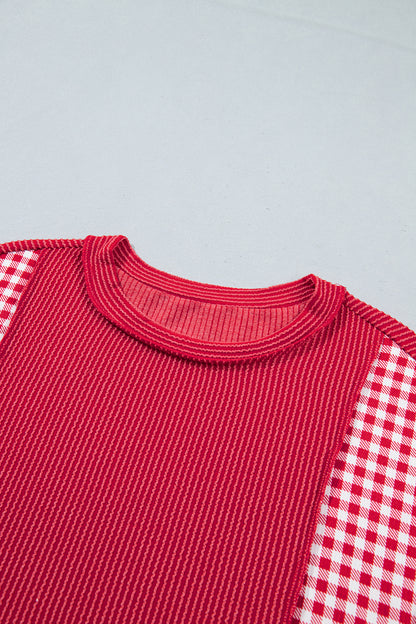 Fiery Red Patchwork Plaid Colorblock Twist Rib Round Neck Long Sleeve Top