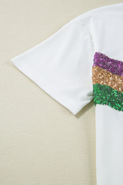 T-shirt ras du cou à rayures et sequins blancs style patchwork Mardi Gras