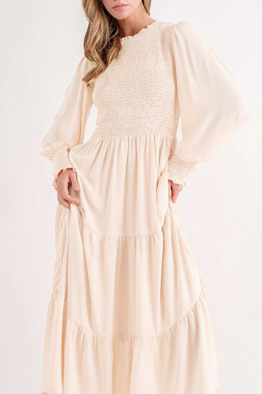 Smocked Bubble Sleeve Ruffle Tiered Midi Dress