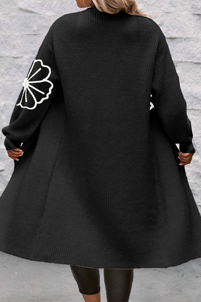 Cardigan ouvert sur le devant à épaules tombantes et broderies de fleurs noires