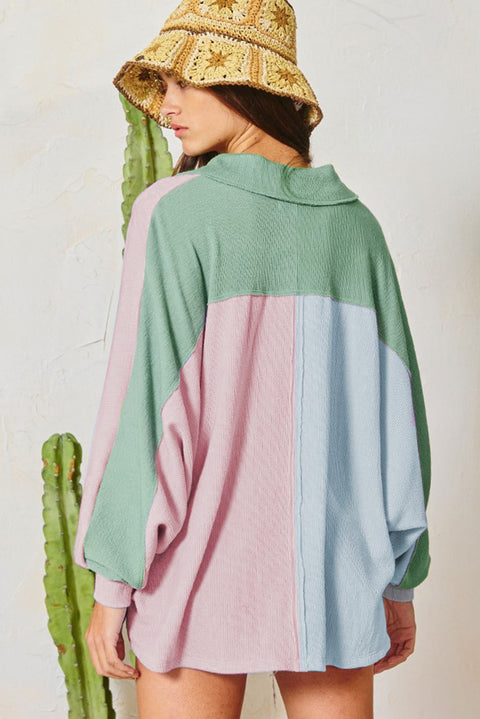 Multicolor Exposed Seam Colorblock Ribbed Oversized Henley Top