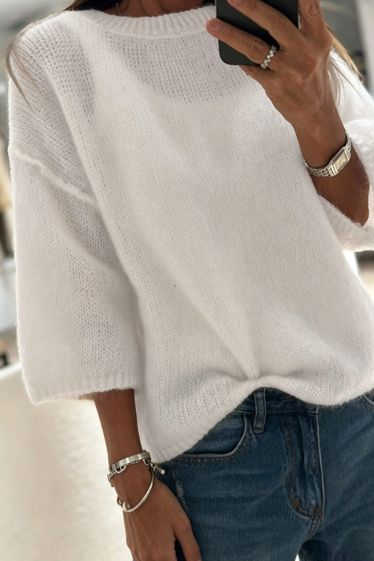White Solid Color Knit Half Sleeve Round Neck Shift Sweater