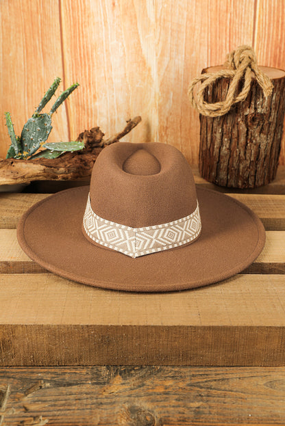 Sombrero Fedora plano retro con bordado azteca marrón