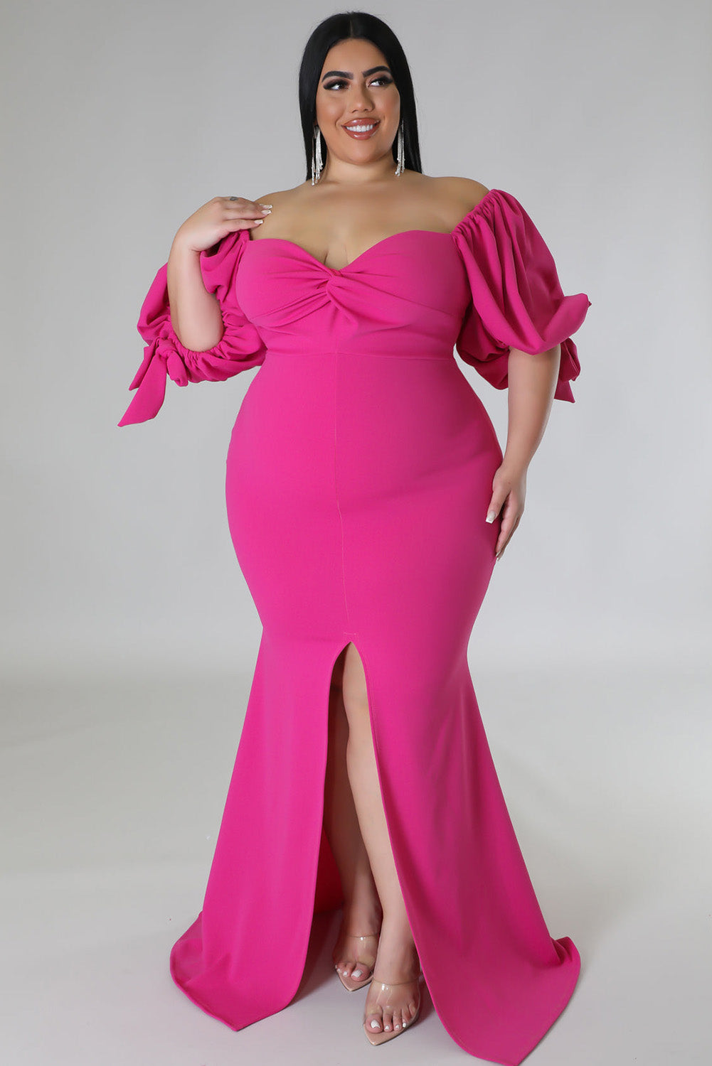 Bow Tie Puff Sleeve Plus Size High Slit Maxi Dress