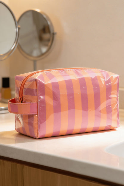 Rose Red PVC Striped Cosmetic Bag Durable Zipper Handle Travel Organizer