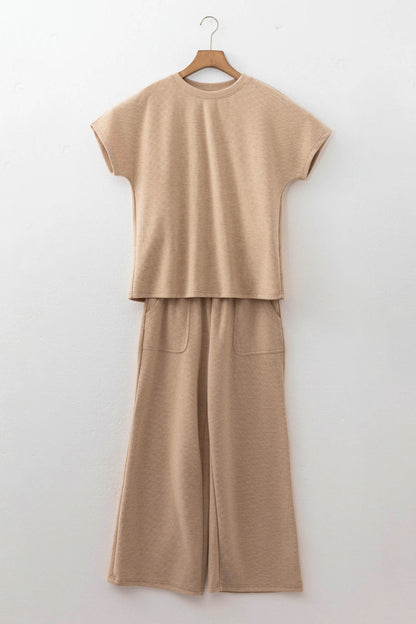 Light French Beige Solid Color Short Sleeve Ribbed Top Casual Pants 2pcs Set