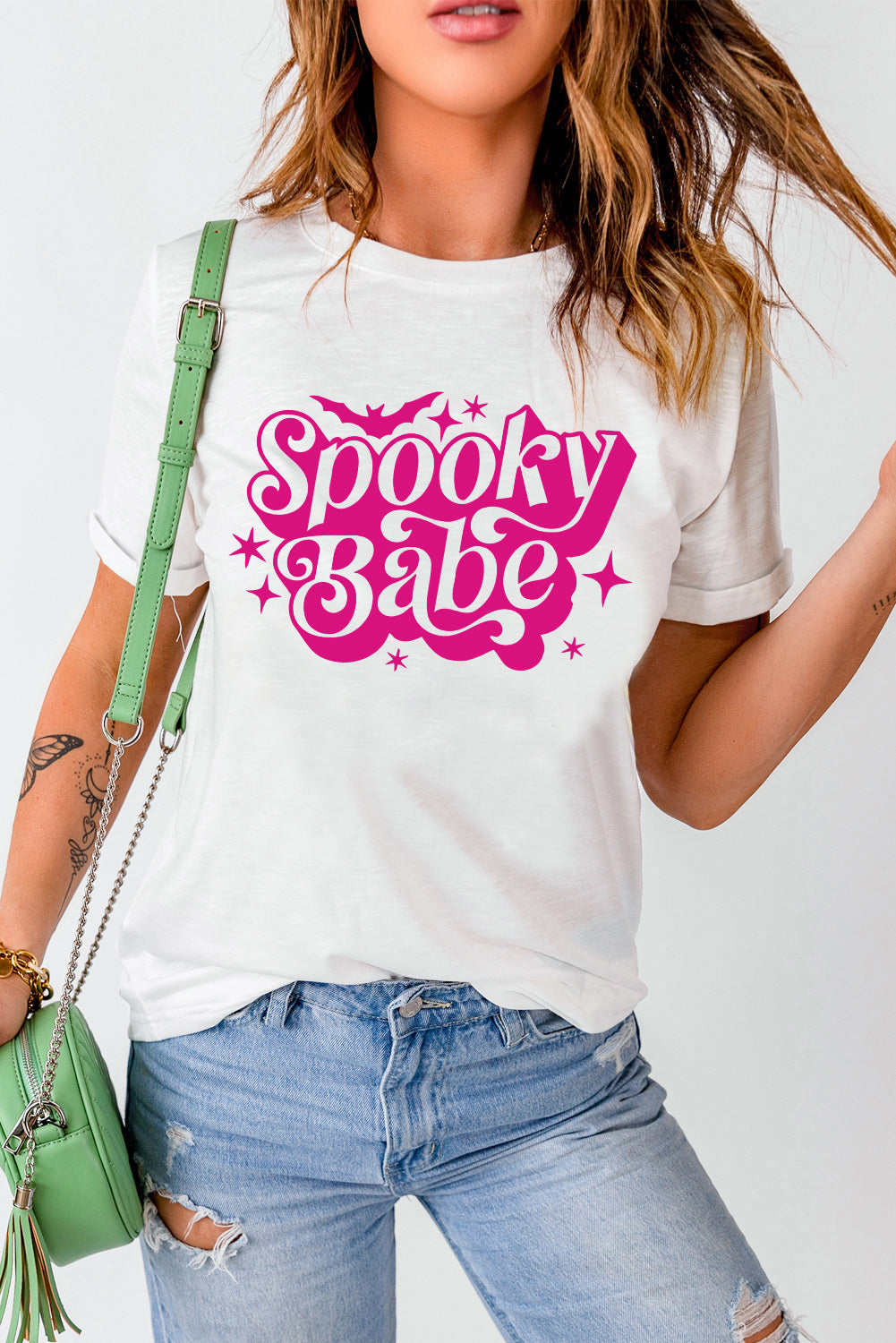 T-shirt ras du cou blanc à imprimé chauve-souris Spooky Babe pour Halloween 