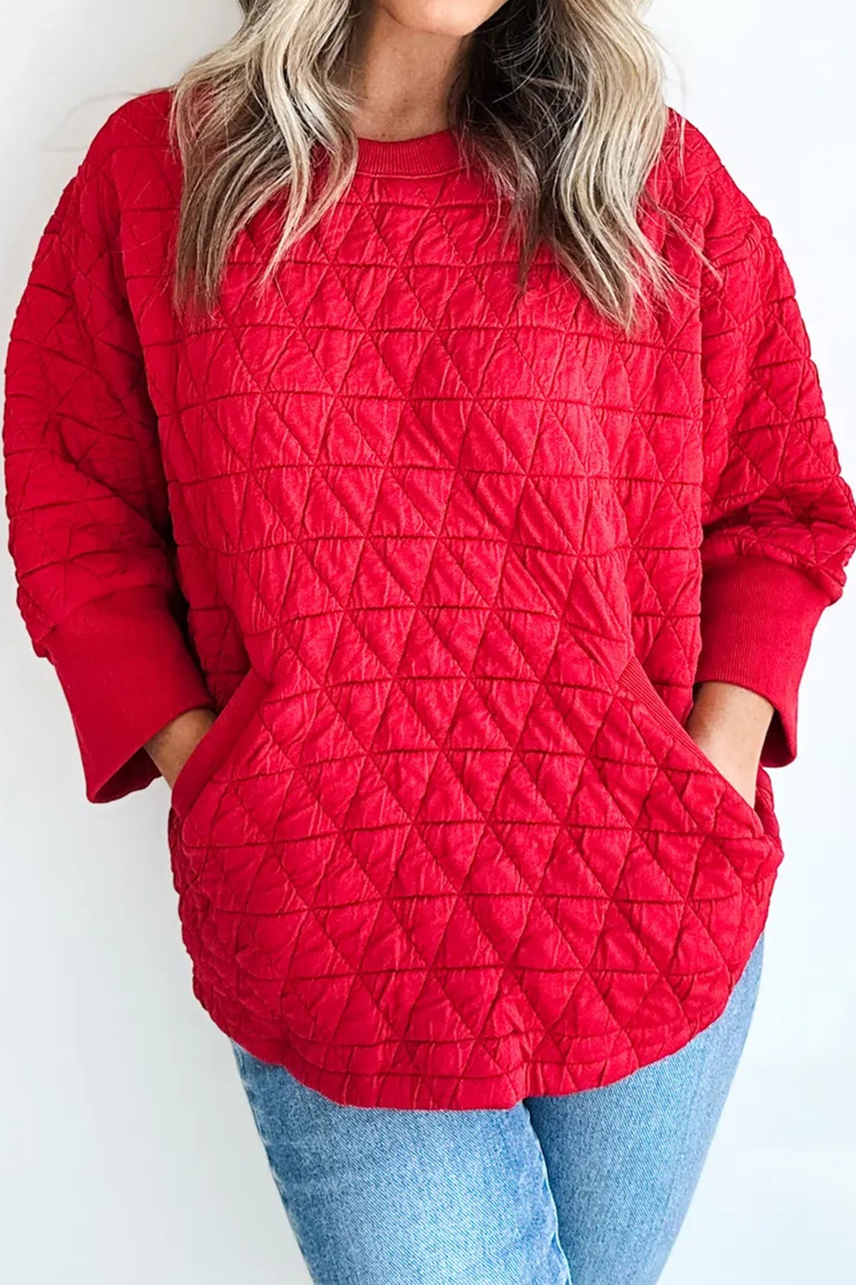 Fiery Red Quilted Diamond Pattern 3/4 Sleeve Pocketed Casual Top